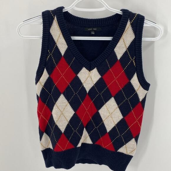 Love Tree argyle red blue knit vest Academia holiday retro size S Y2K - Picture 3 of 4